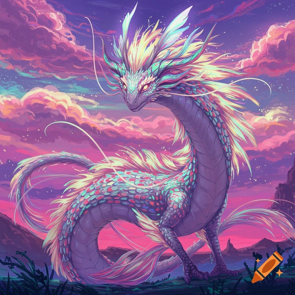 A colorful, feathered dragon in a vibrant fantasy landscape with pink clouds.