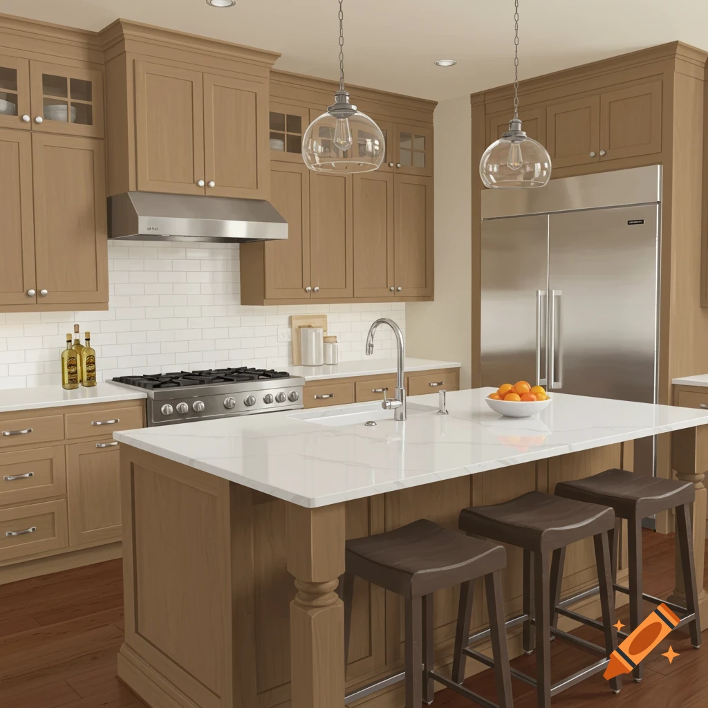 A modern kitchen with white oak cabinets, white island countertop, and stainless steel appliances.