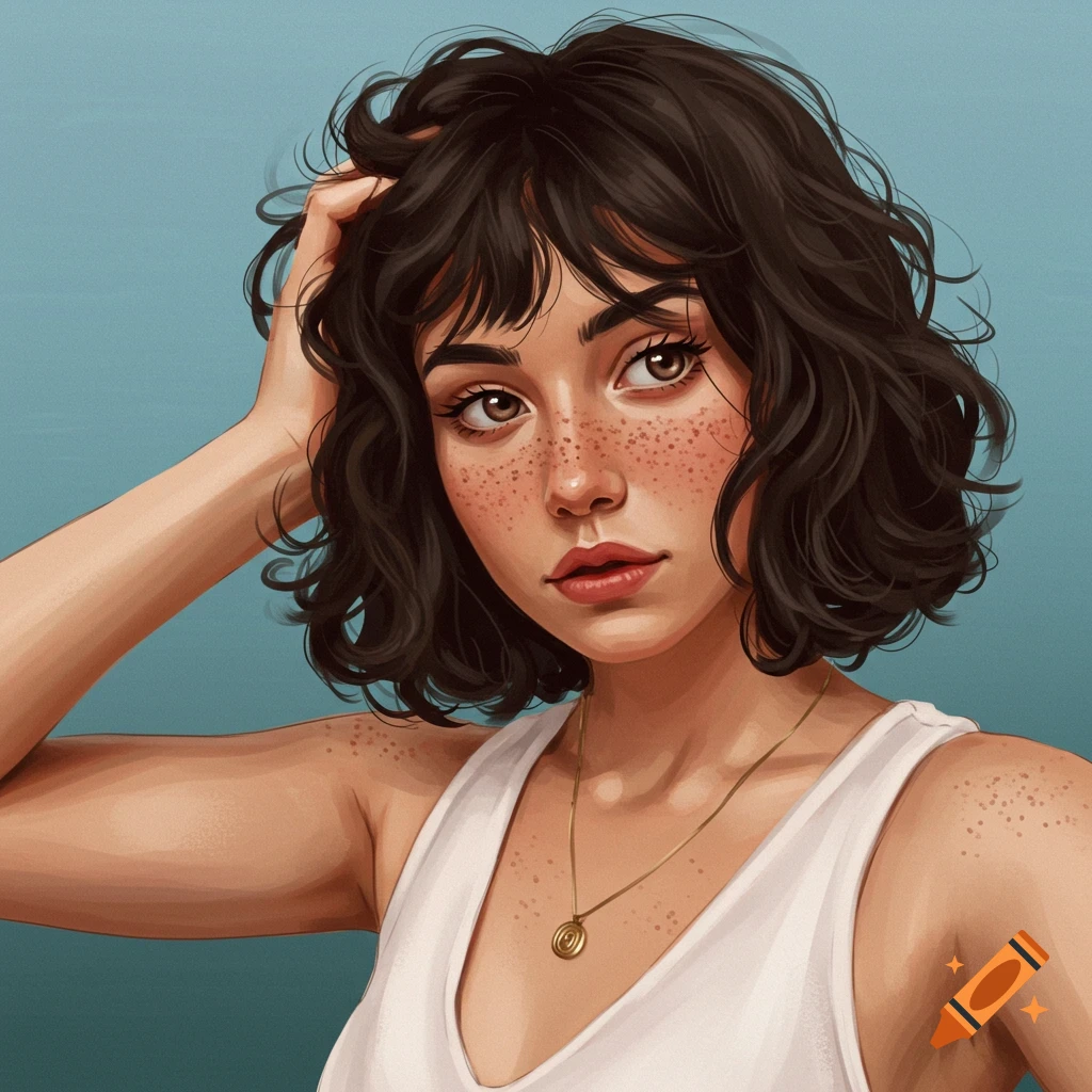 A young woman with short curly brown hair and freckles wears a white tank top.
