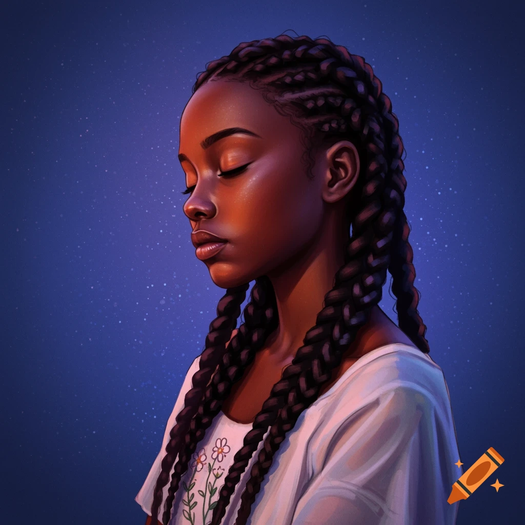 A young Black girl with braided hair and closed eyes, wearing a white shirt with flowers.