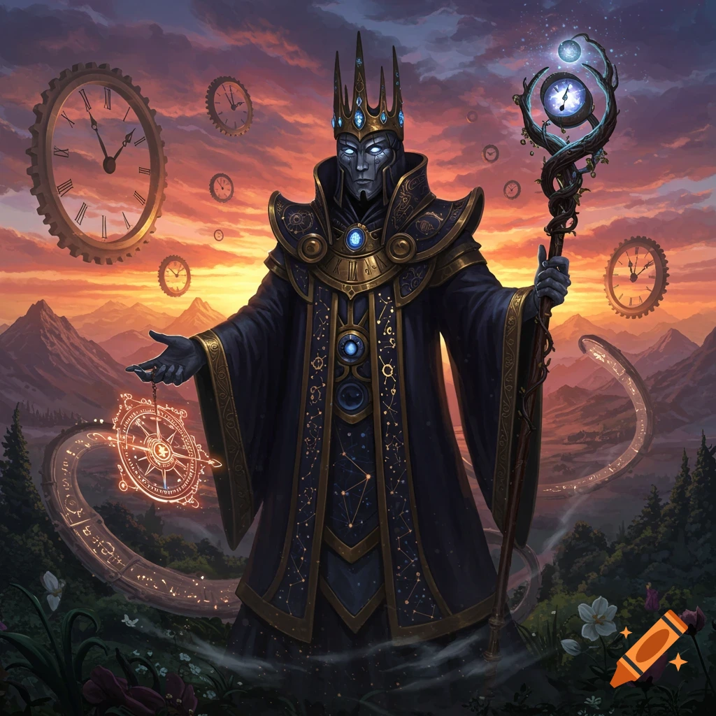 A time wizard holding a staff and a glowing compass, surrounded by floating clocks in a mountainous landscape at sunset.
