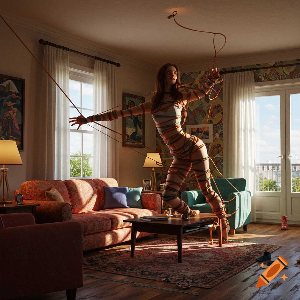 A woman wrapped in colorful rubber bands stretches in a sunlit living room