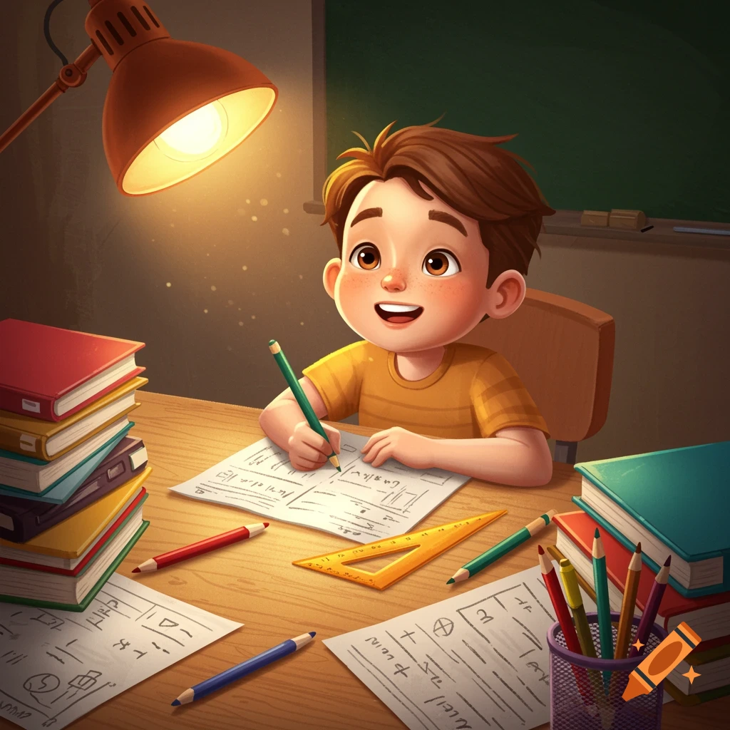 A young boy with a happy expression is doing homework at a desk surrounded by books and papers.