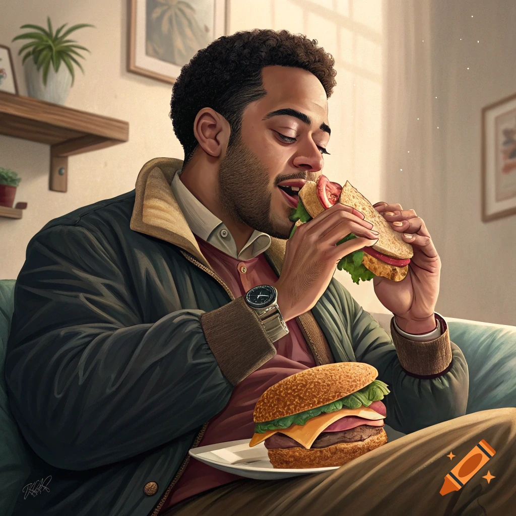 A man in a jacket sits on a couch eating a sandwich, with a burger on a plate next to him. Realistic style.