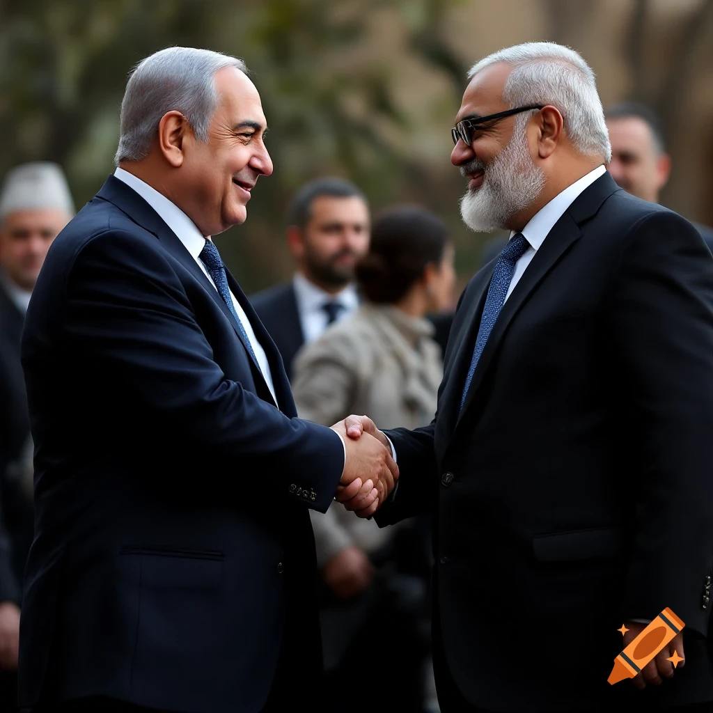 Photorealistic image of Benjamin Netanyahu and Ismail Haniyeh shaking hands.