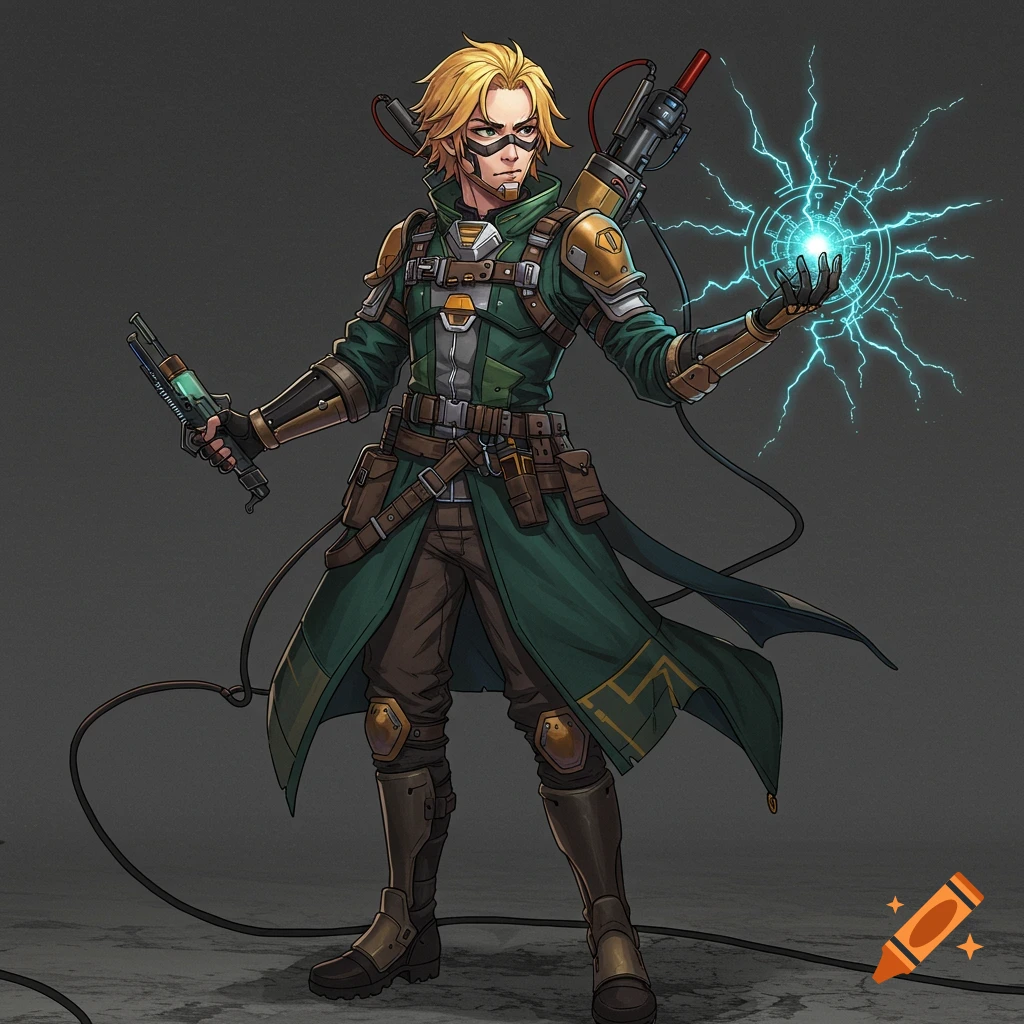 Anime sci-fi engineer character holding electrical energy and a device.