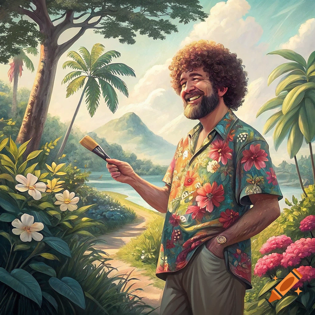 Bob Ross in a Hawaiian shirt holds a brush in a tropical landscape.
