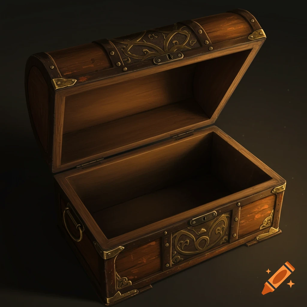 An open empty wooden treasure chest with metal details.