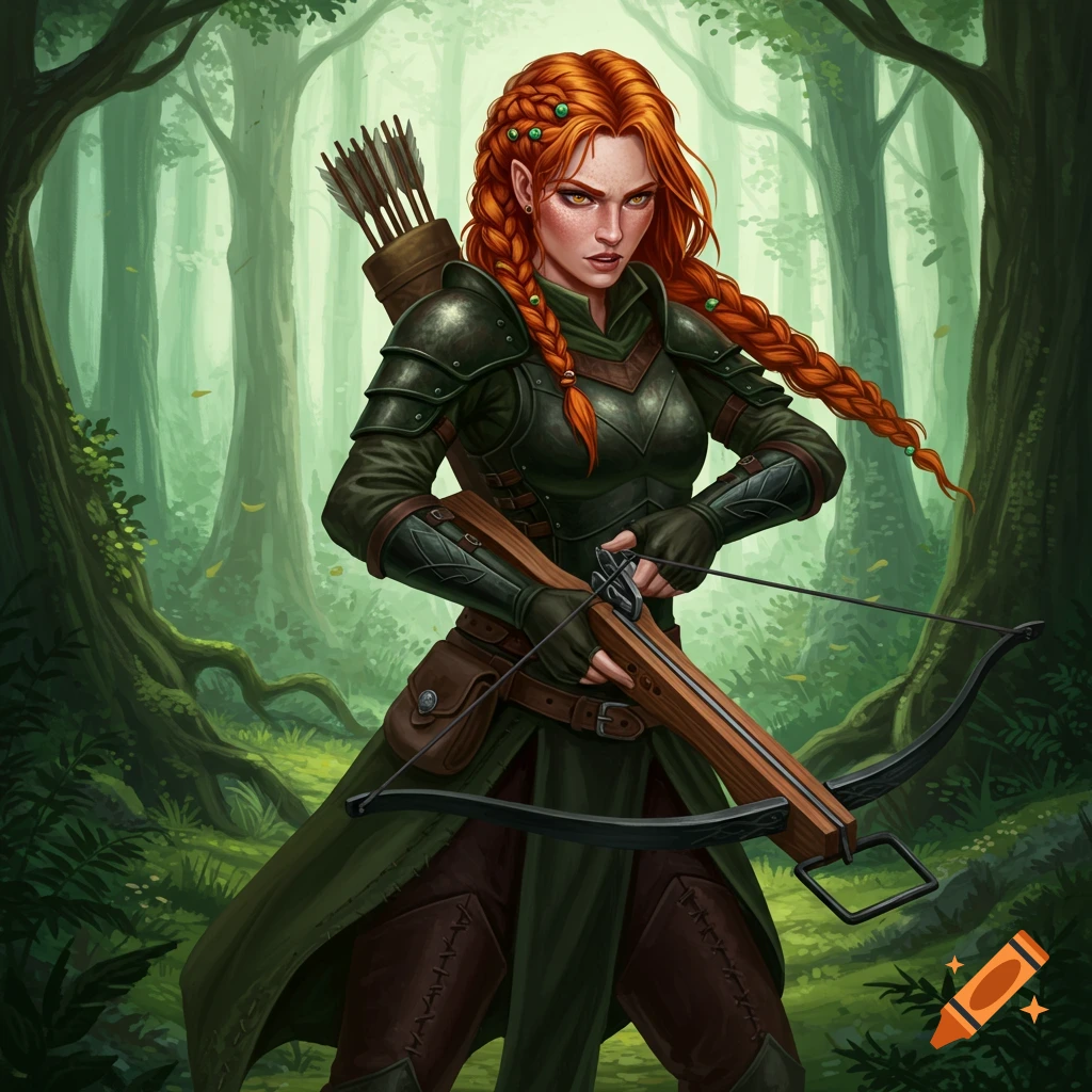 A red-haired woman in armor holding a crossbow in a forest.