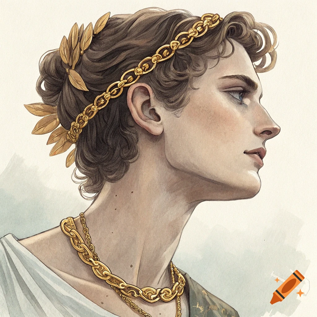Profile portrait of a person wearing a gold laurel wreath and necklace in a watercolor style.