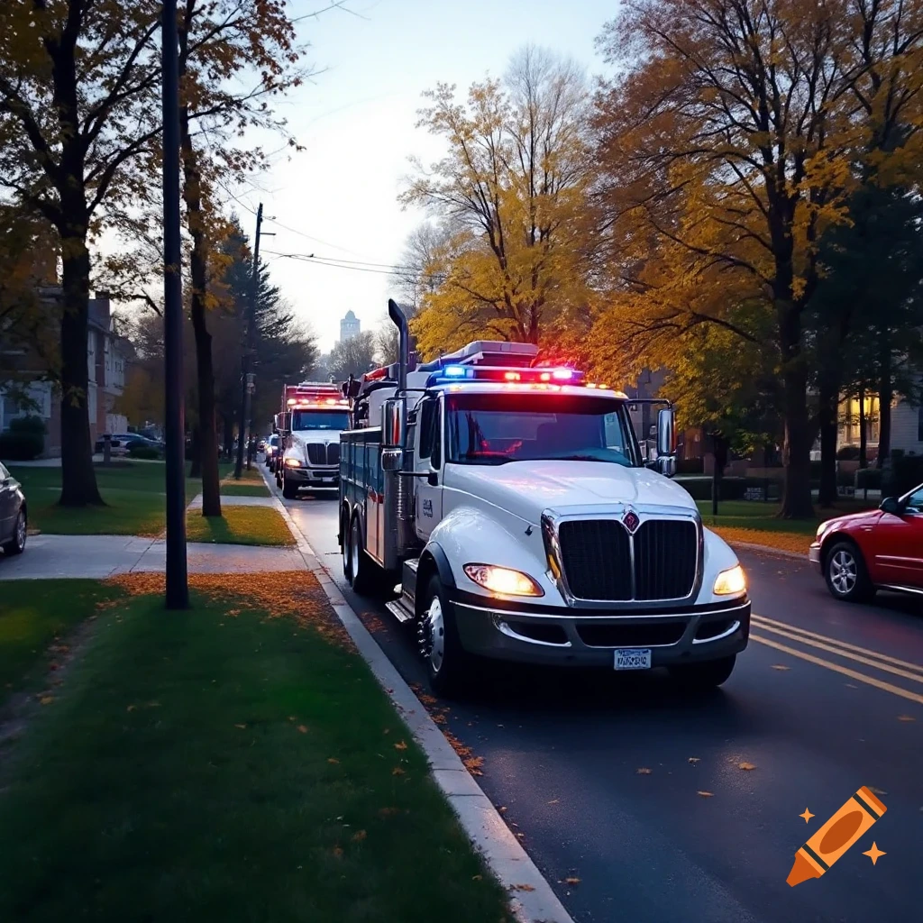 Trucks driving down an autumn street lined with trees