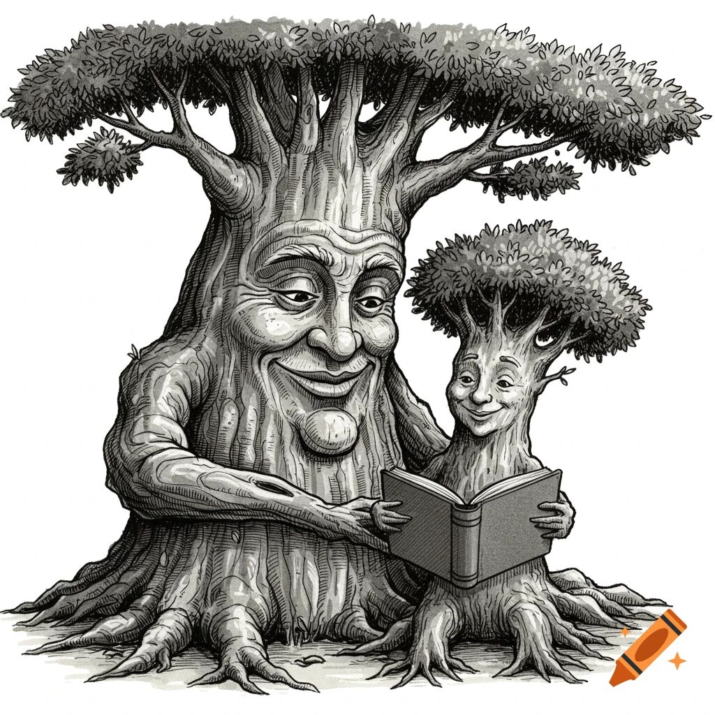 Black and white ink drawing of two anthropomorphic trees reading a book.