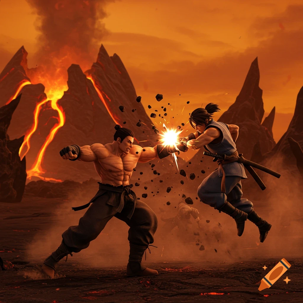 Two fighters battle in a volcanic wasteland in a 3D fighting game style.