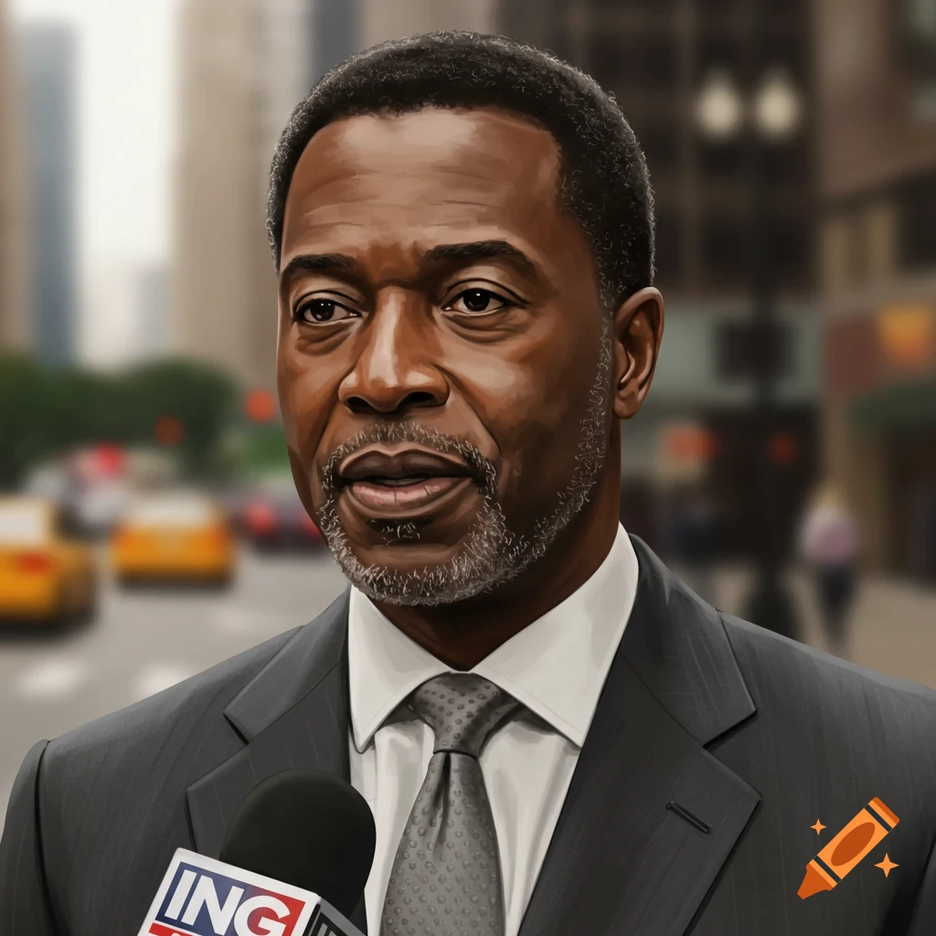 A middle-aged Black man in a suit is holding a microphone