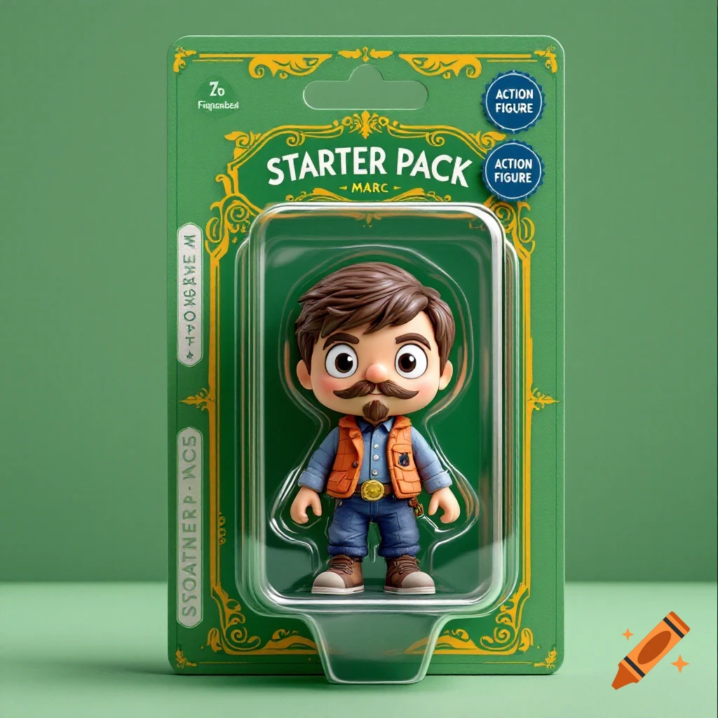 3D render of a cartoon action figure of a man with a mustache in blister packaging.
