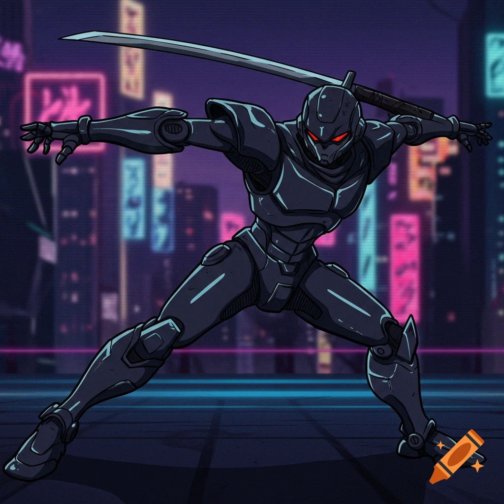 Stylized anime illustration of a dark ninja robot in a dynamic pose with a sword in a neon-lit futuristic city.