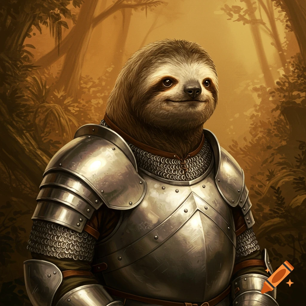 A ground sloth wearing platemail armor in a forest.