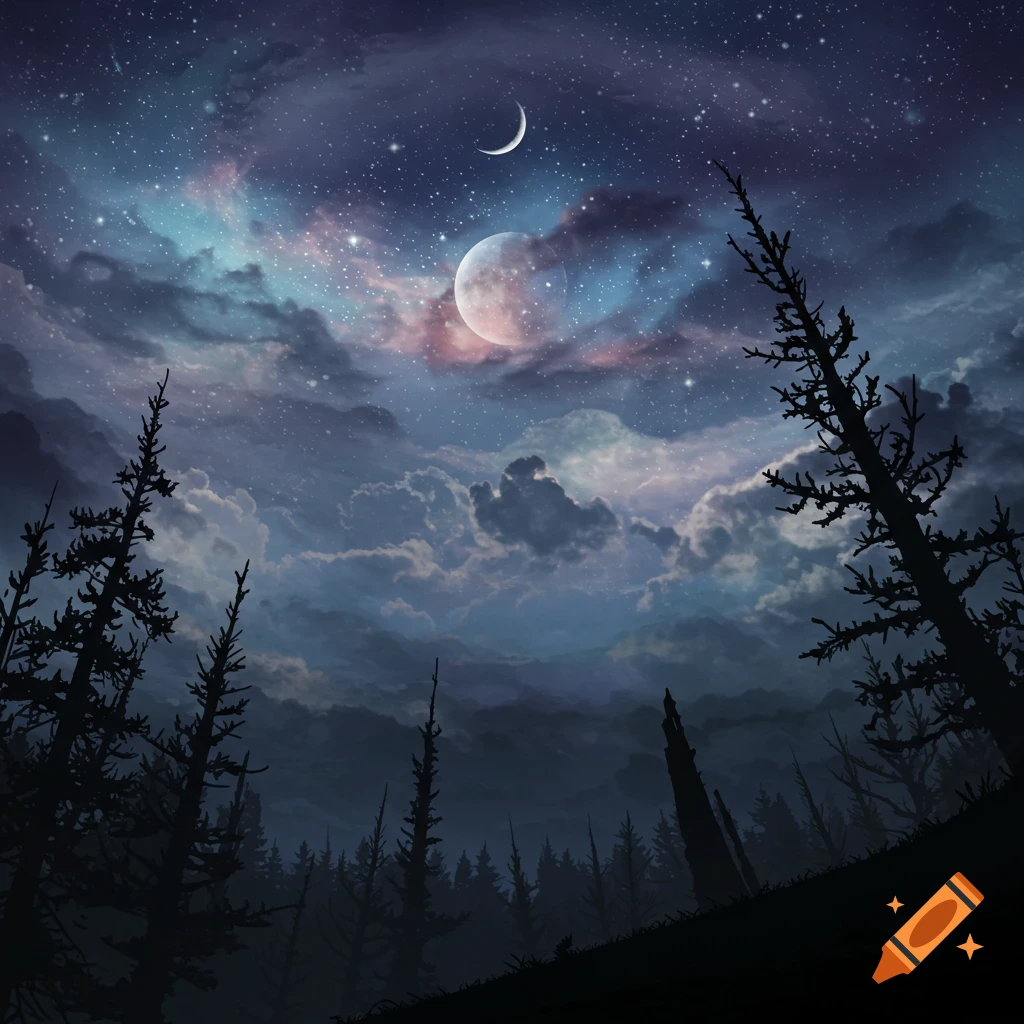 A gothic night sky with stars, clouds, crescent moon, and silhouetted pine trees.