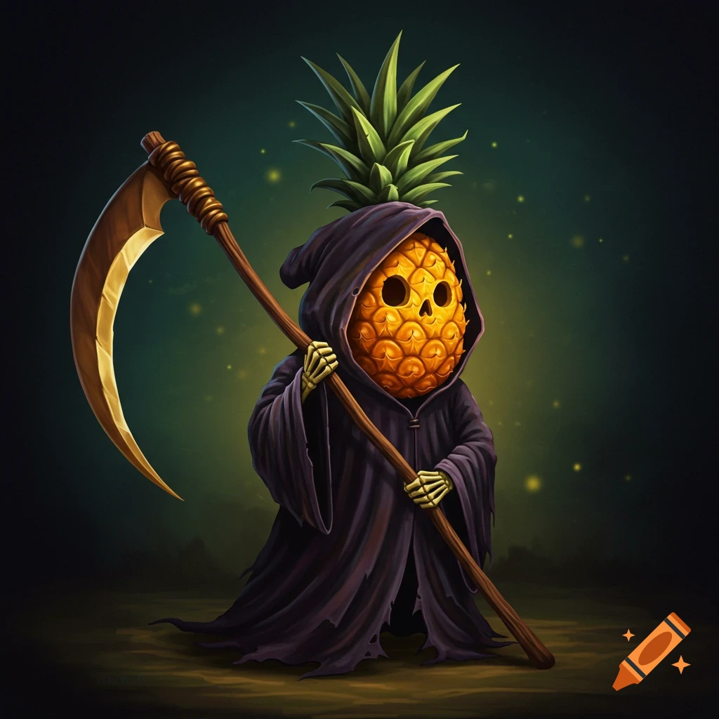 A pineapple-headed Grim Reaper holding a scythe.
