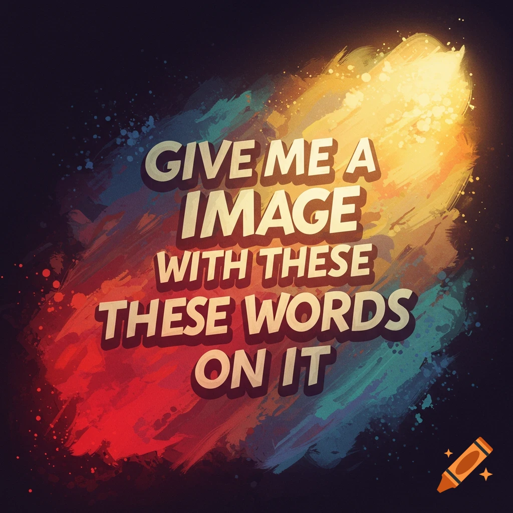 Text reading 'GIVE ME A IMAGE WITH THESE THESE WORDS ON IT' over a colorful abstract background.
