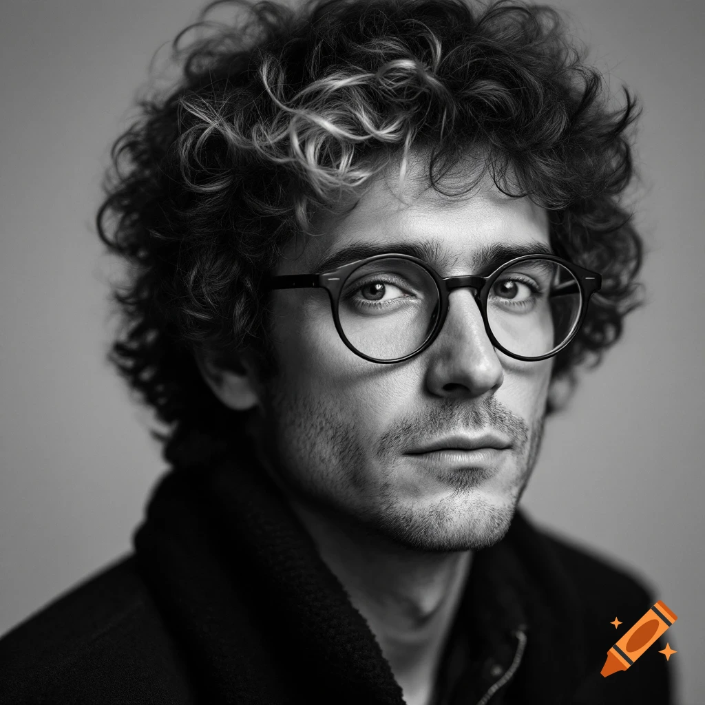 Black and white portrait of a man with curly hair and glasses