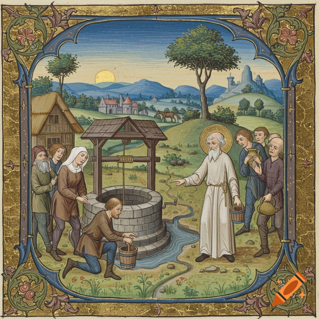 Medieval illuminated manuscript of figures around a well, one with a halo gesturing.