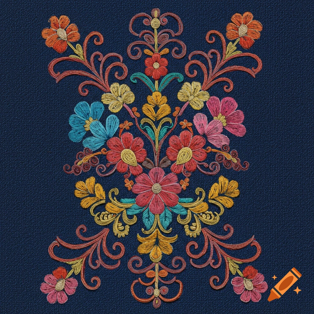 Colorful floral embroidery design on a dark blue textured background.