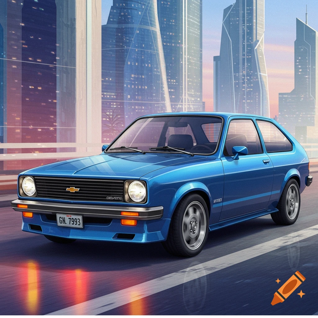 A blue Chevrolet Chevette is driving on a street with city skyscrapers in the background at dusk.