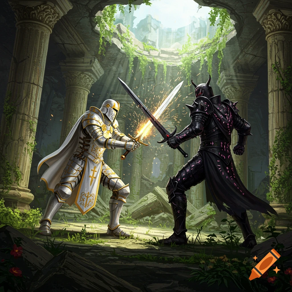Knights in white and black armor battle with swords in ruined temple.