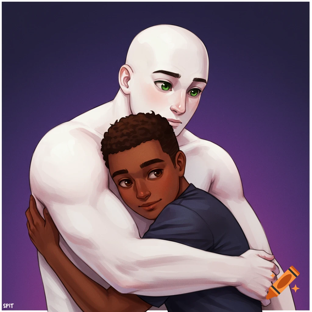 A depiction of two men hugging, one with pale skin and green eyes, the other with dark skin.