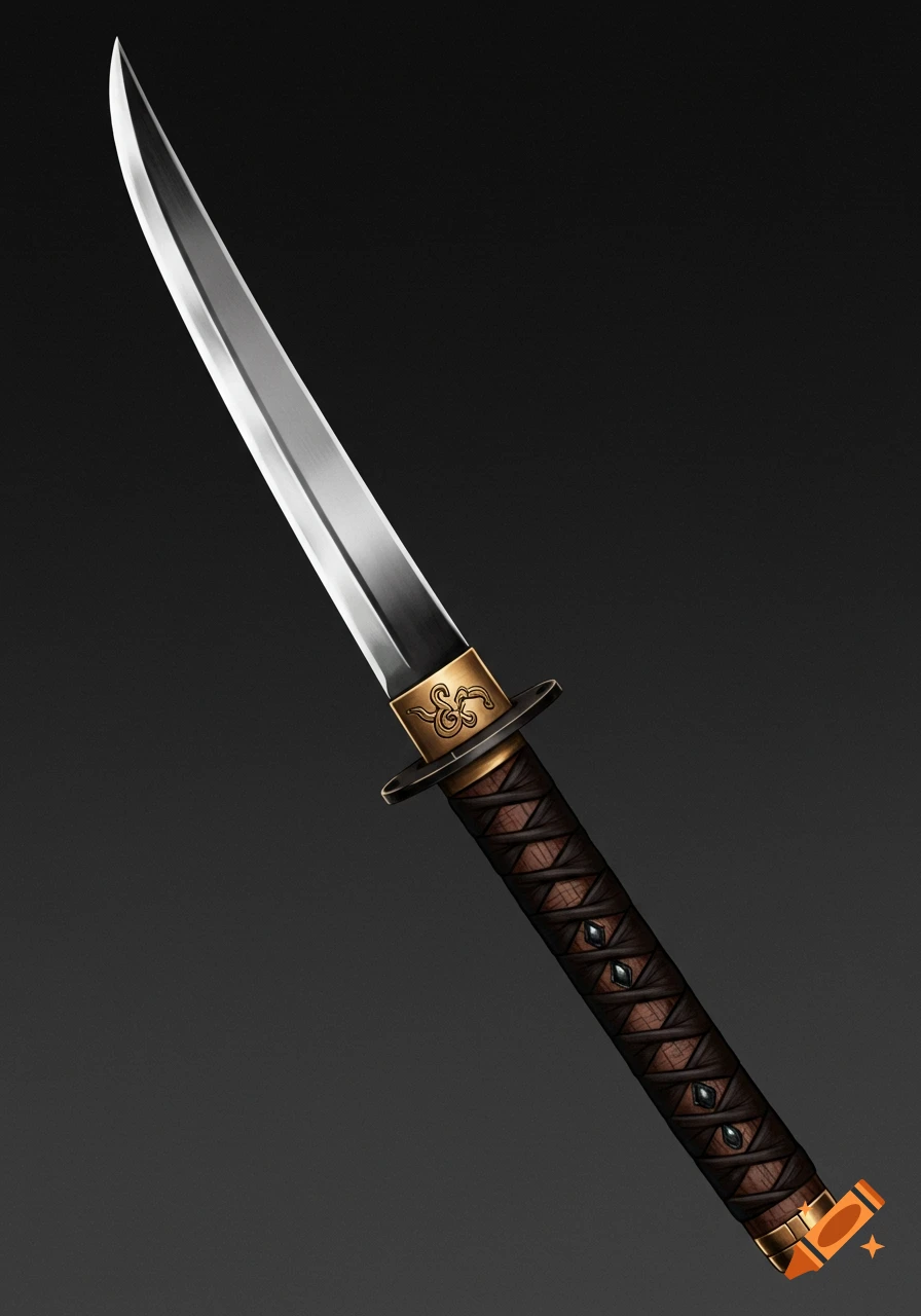 A detailed rendered image of a katana with a gold guard featuring a symbol and a dark brown wrapped handle.