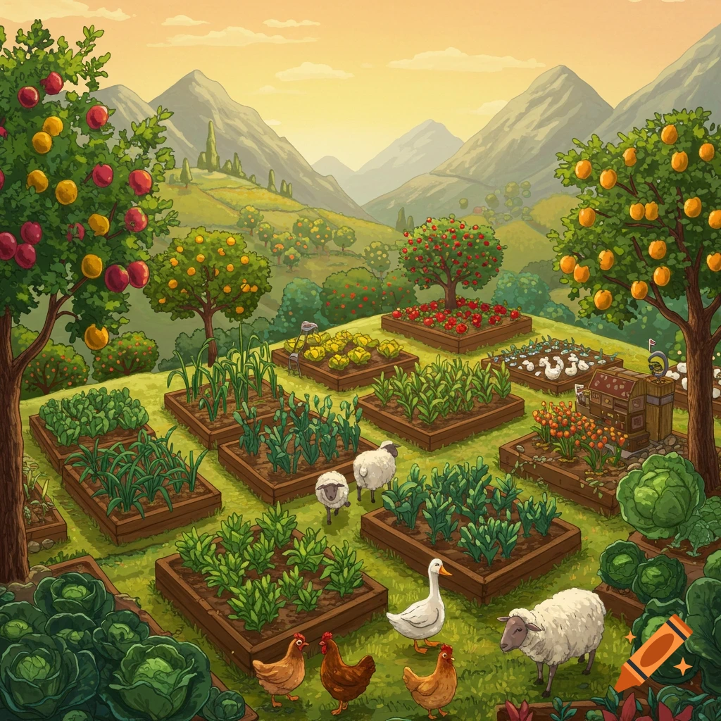 An illustration of a mountainous garden with raised beds, fruit trees, sheep, chickens, and a duck.