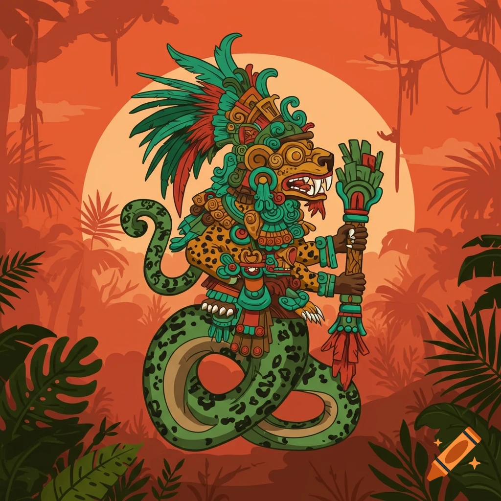 Illustration of a mythical jaguar-headed serpent creature with feathered headdress holding a staff in a jungle.
