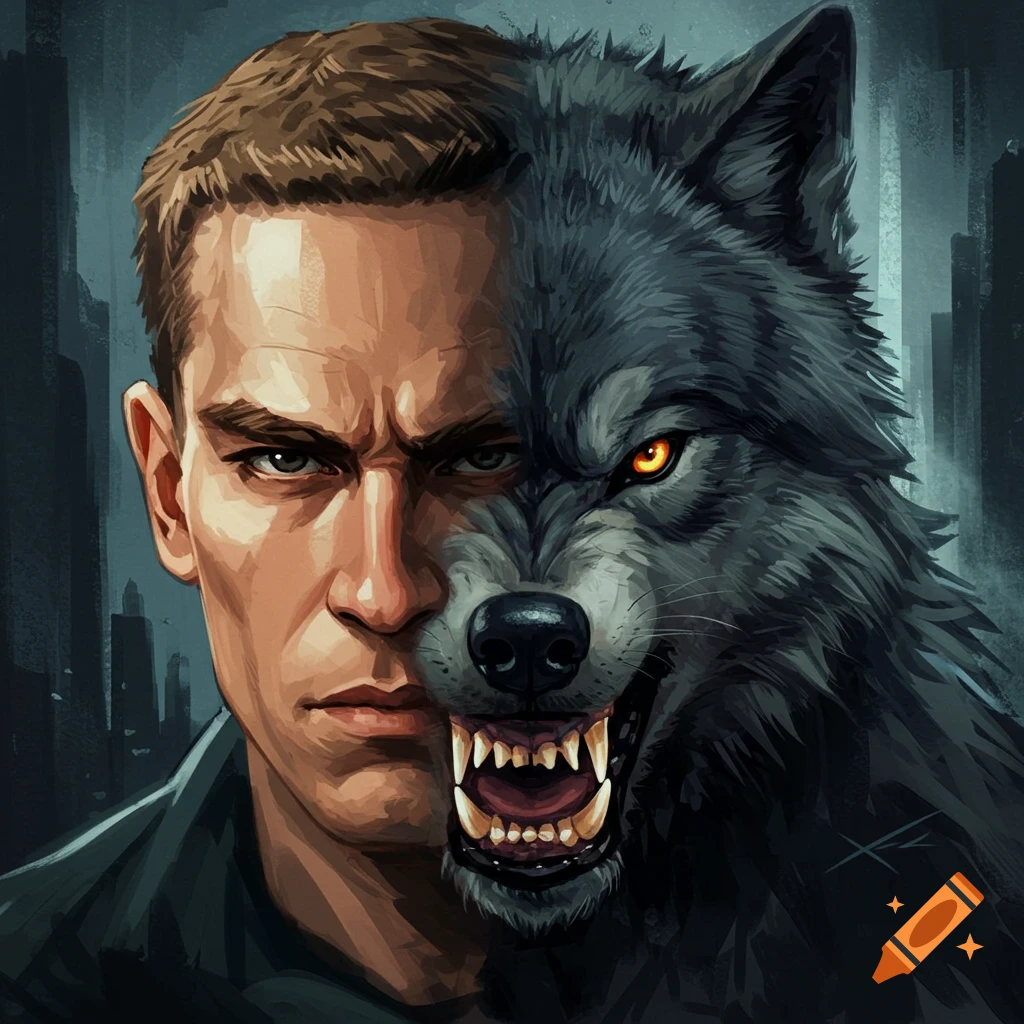 A person's face is split with a wolf's face against a city background.