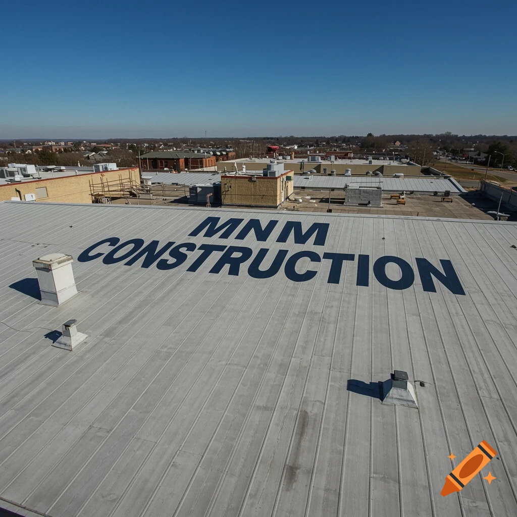 Aerial view of a building roof with 'MNM CONSTRUCTION' painted in large letters.