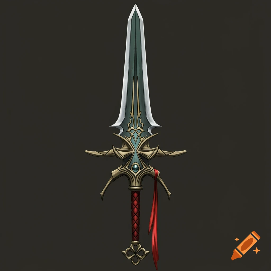 A fantasy sword with an ornate hilt and wide blade on a dark background.