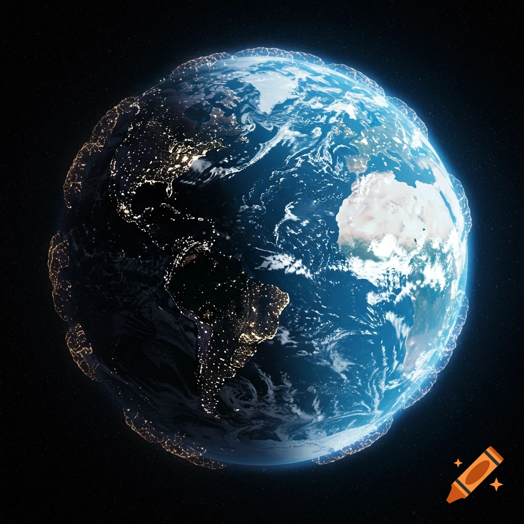 Earth from space at night with city lights and a glowing network around it.
