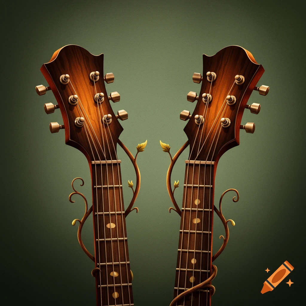 Two guitar necks curving and entwined with vines against a green background.