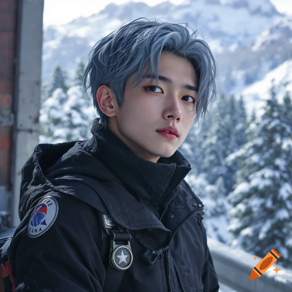 Photorealistic portrait of a young man with blue hair in a black jacket against a snowy mountain backdrop.