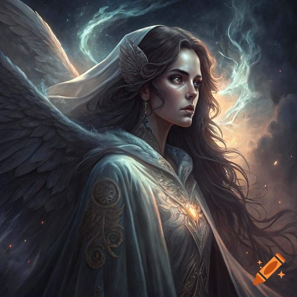 Digitally painted portrait of a woman with dark wings, ornate cloak, and a dramatic sky.