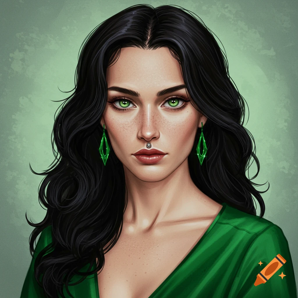 A woman with black hair, green eyes, freckles, nose ring, and green earrings in a green dress.