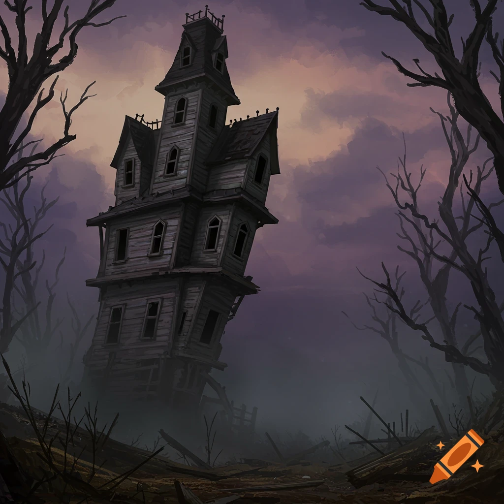 A crooked haunted house in a creepy forest under a dark sky