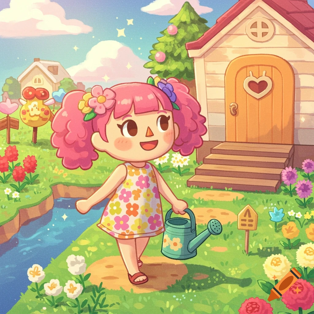 Animal Crossing girl with pink hair carries a watering can in a vibrant garden.
