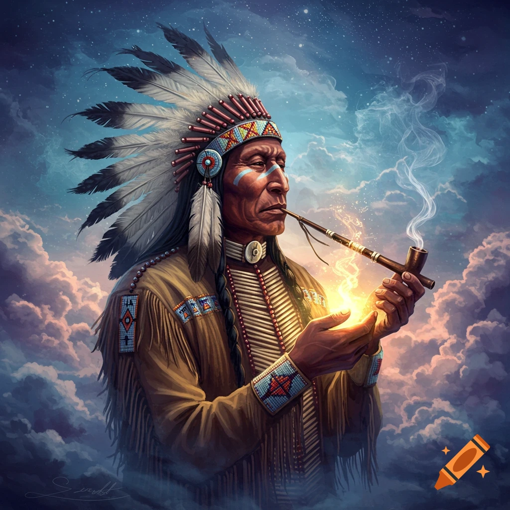 A Native American man in traditional headdress and clothing smokes a pipe under a starry sky with clouds.