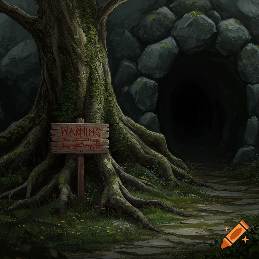 A dark cave entrance next to a large tree with a warning sign.
