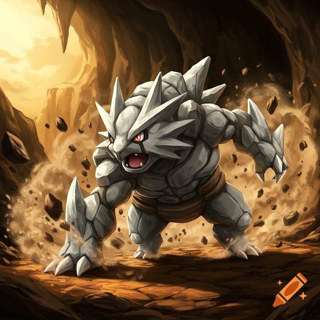 A powerful rock creature emerges from dust and rocks in a cave.