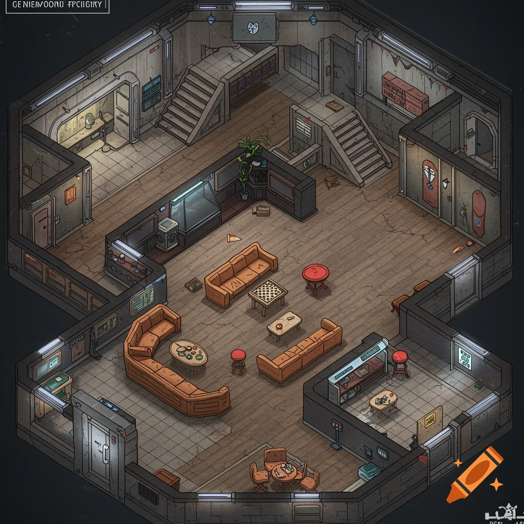 Isometric map of a retro-futuristic sci-fi facility common area with lounge, stairs, and hallways, in a blueprint style.