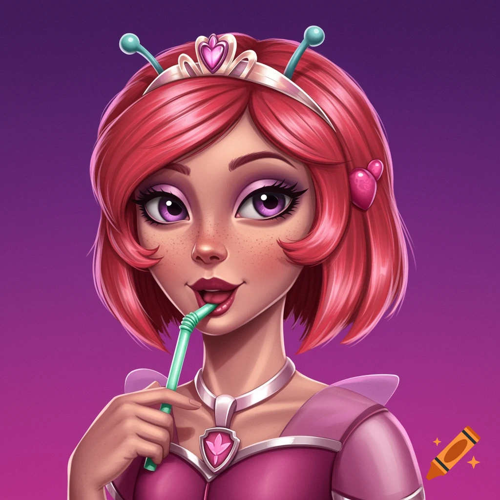 A stylized digital portrait of an alien princess with pink hair, a ...