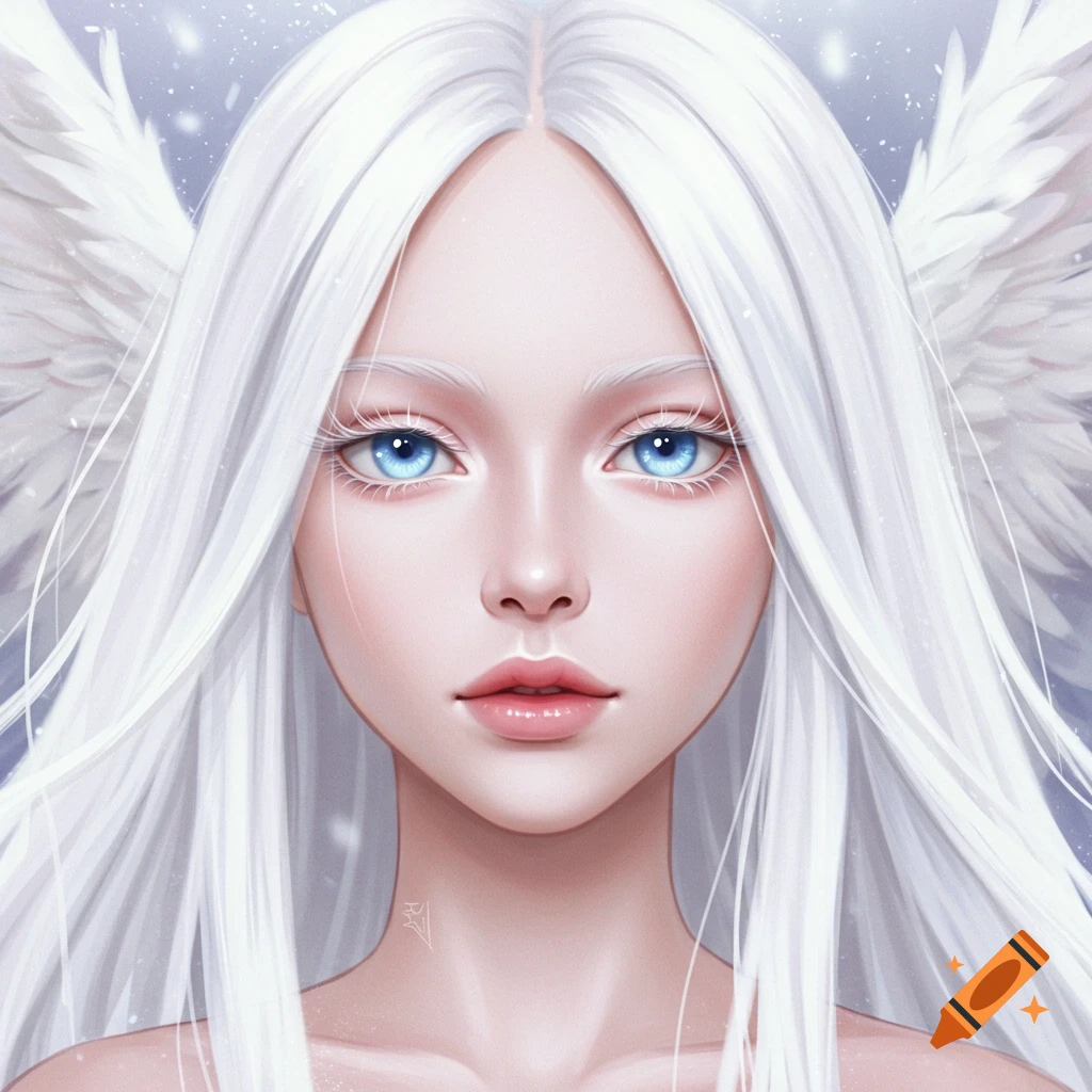 Digital portrait of an anime girl with white hair, blue eyes, and angelic wings.