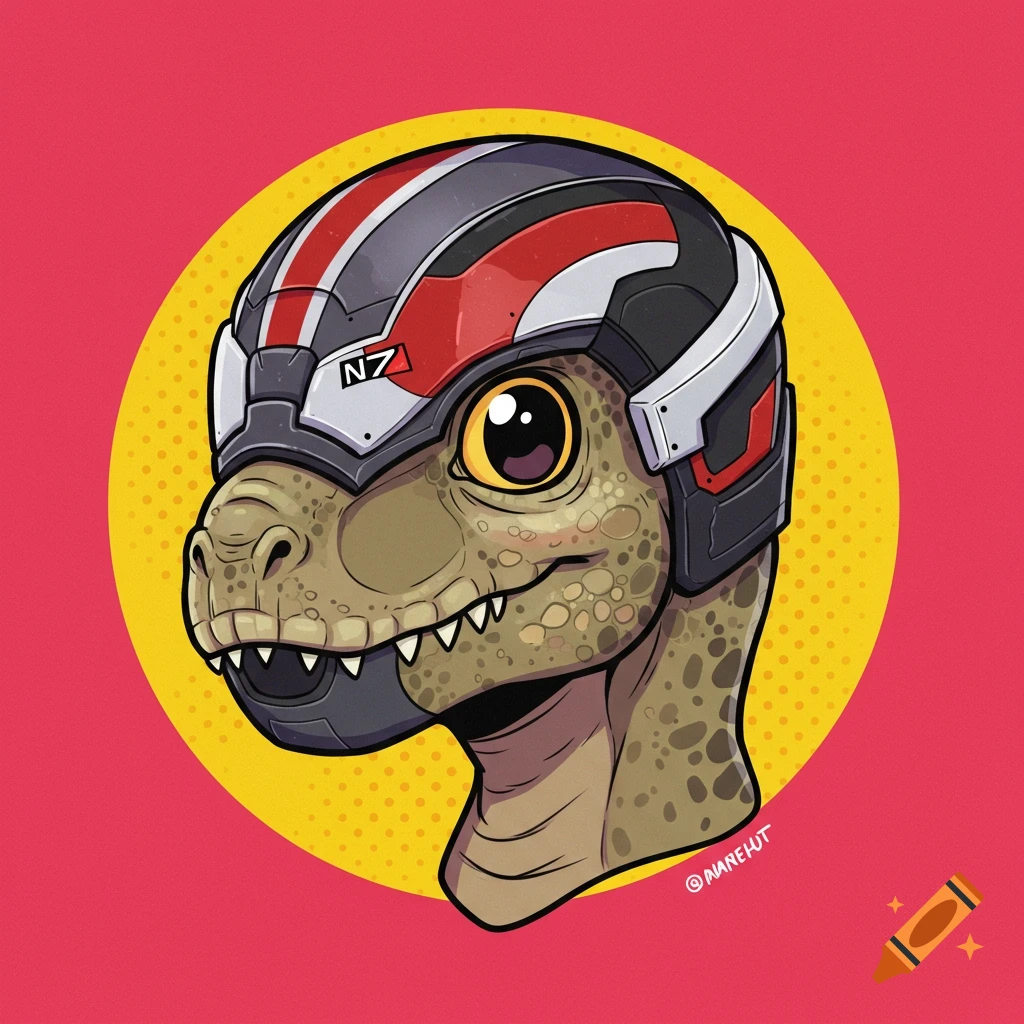 Cartoon dinosaur head wearing a Mass Effect helmet, digital art.